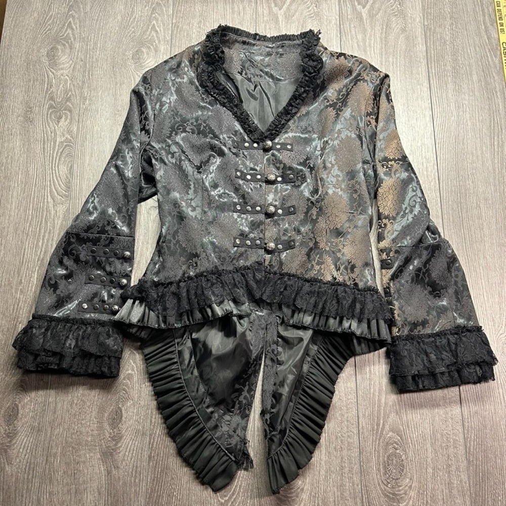 Hips Curves Vintage Goth Steampunk Damask Jacket Black Bronze Lace Up Plus 4X
